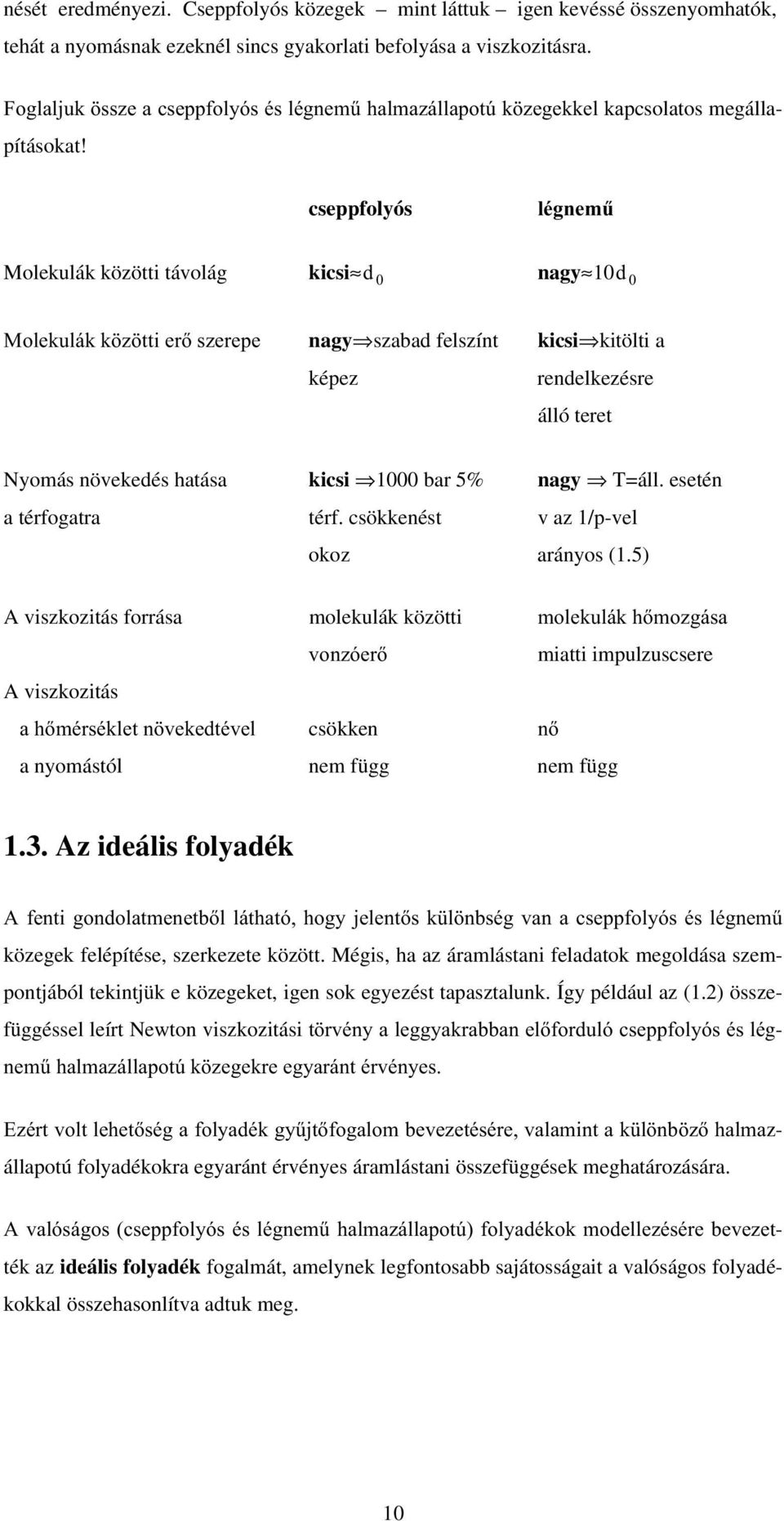 cseppfolyós OpJQHP& Molekulák közötti távolág kicsi G nagy 10G 0ROHNXOiNN ] WWLHUV]HUHSH nagy szabad felszínt kicsi kitölti a képez rendelkezésre álló teret Nyomás növekedés hatása kicsi 1000 bar 5%