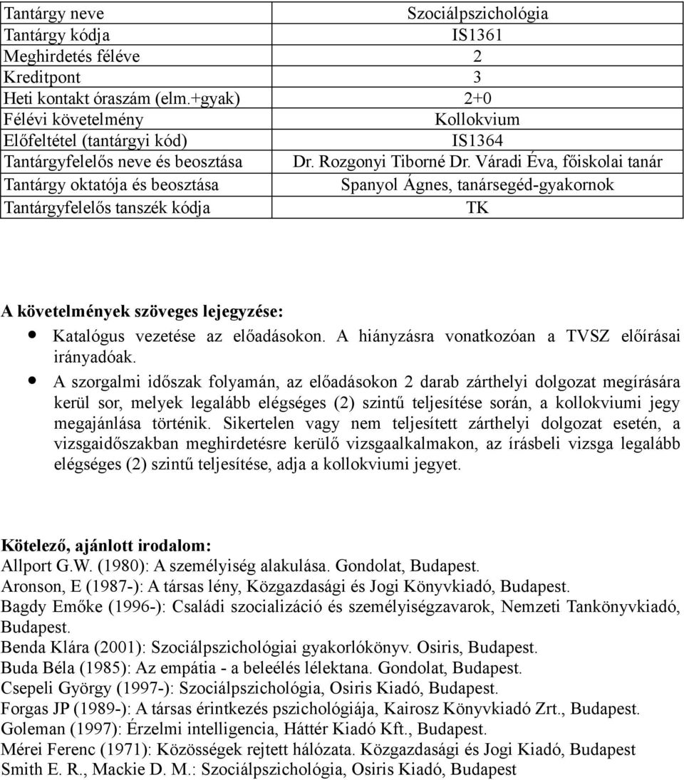 A hiányzásra vonatkozóan a TVSZ előírásai A szorgalmi időszak folyamán, az előadásokon 2 darab zárthelyi dolgozat megírására kerül sor, melyek legalább elégséges (2) szintű teljesítése során, a