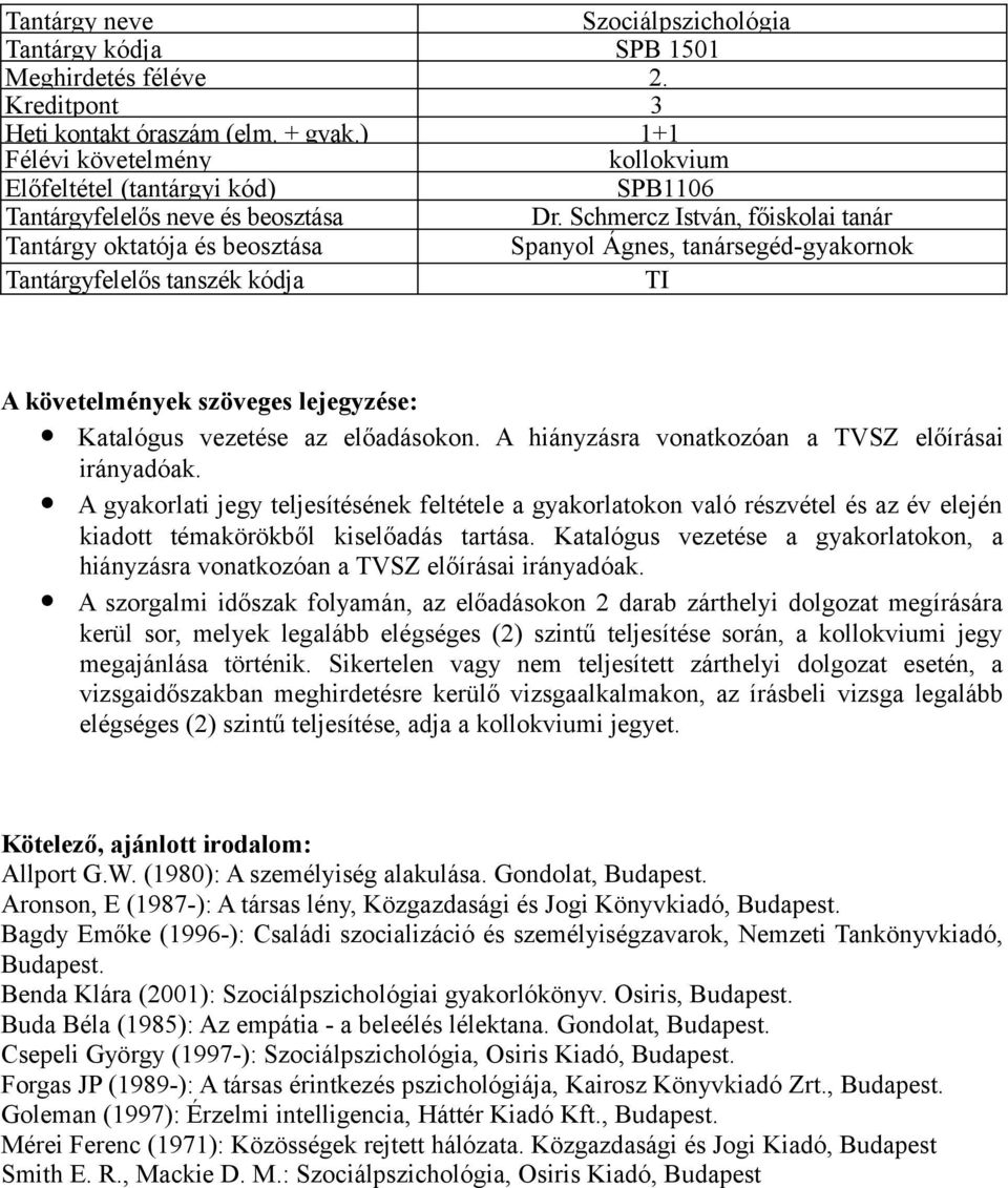 A hiányzásra vonatkozóan a TVSZ előírásai A gyakorlati jegy teljesítésének feltétele a gyakorlatokon való részvétel és az év elején kiadott témakörökből kiselőadás tartása.