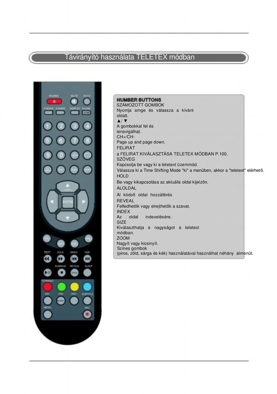 Válassza ki a Time Shifting Mode "ki" a menüben, akkor a "teletext" elérhető. HOLD Be-vagy kikapcsolása az aktuális oldal kijelzőn.