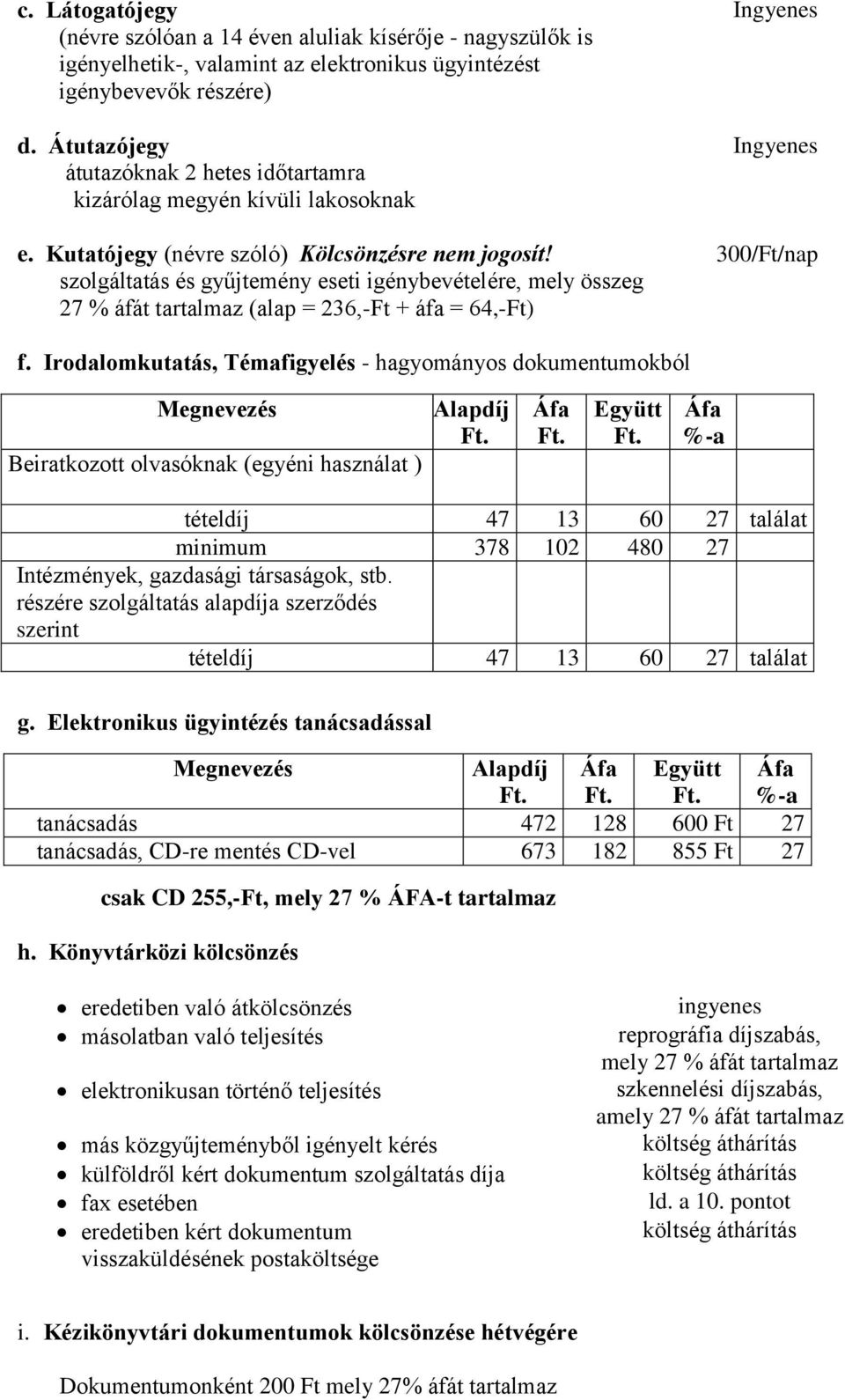 szolgáltatás és gyűjtemény eseti igénybevételére, mely összeg 27 % áfát tartalmaz (alap = 236,-Ft + áfa = 64,-Ft) Ingyenes Ingyenes 300/Ft/nap f.