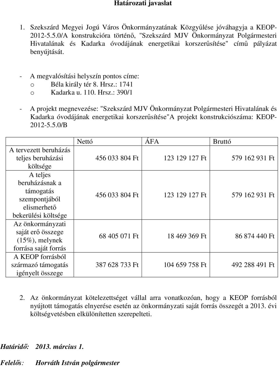 - A megvalósítási helyszín pontos címe: o Béla király tér 8. Hrsz.