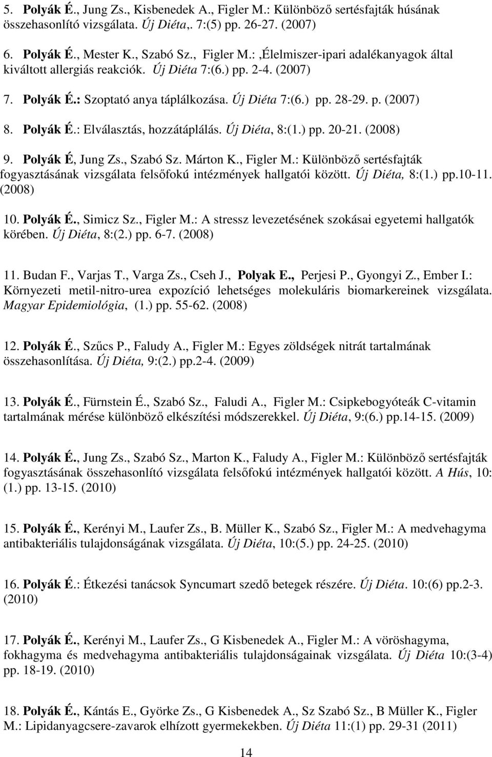 Polyák É, Jung Zs., Szabó Sz. Márton K., Figler M.: Különböző sertésfajták fogyasztásának vizsgálata felsőfokú intézmények hallgatói között. Új Diéta, 8:(1.) pp.10-11. (2008) 10. Polyák É., Simicz Sz.