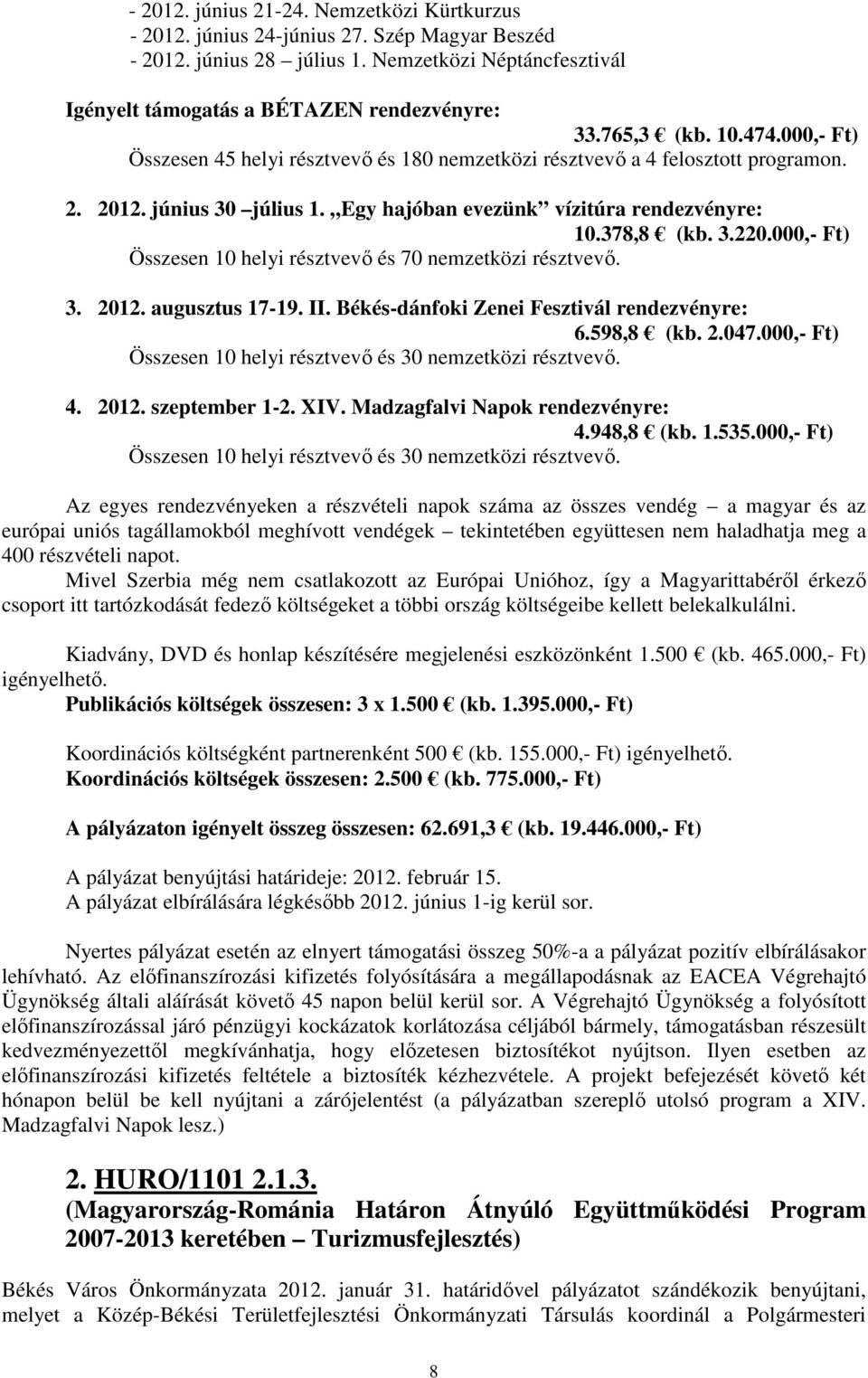 000,- Ft) Összesen 10 helyi résztvevő és 70 nemzetközi résztvevő. 3. 2012. augusztus 17-19. II. Békés-dánfoki Zenei Fesztivál rendezvényre: 6.598,8 (kb. 2.047.