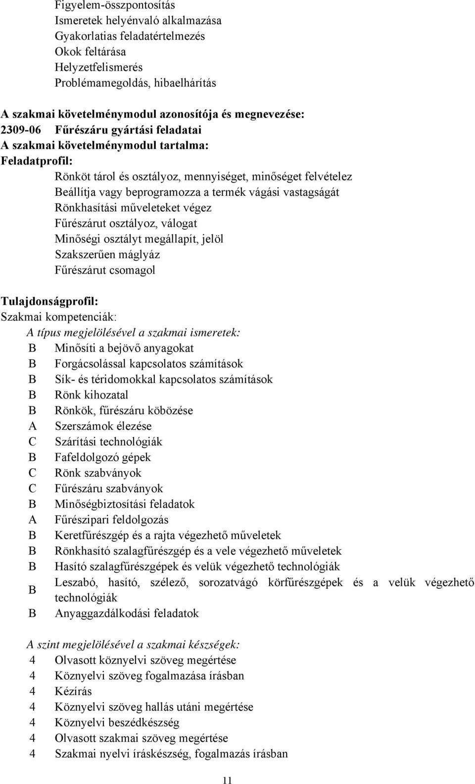 termék vágási vastagságát Rönkhasítási műveleteket végez Fűrészárut osztályoz, válogat Minőségi osztályt megállapít, jelöl Szakszerűen máglyáz Fűrészárut csomagol Tulajdonságprofil: Szakmai