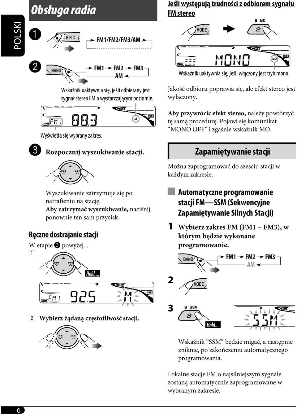 Wyszukiwanie zatrzymuje się po natrafieniu na stację. Aby zatrzymać wyszukiwanie, naciśnij ponownie ten sam przycisk. Ręczne dostrajanie stacji W etapie! powyżej.