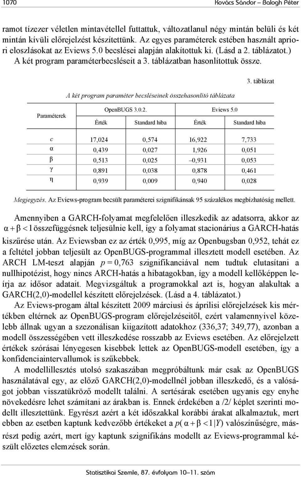 táblázatban hasonlítottuk össze. A két program paraméter becsléseinek összehasonlító táblázata 3. táblázat Paraméterek OpenBUGS 3.0.2. Eviews 5.