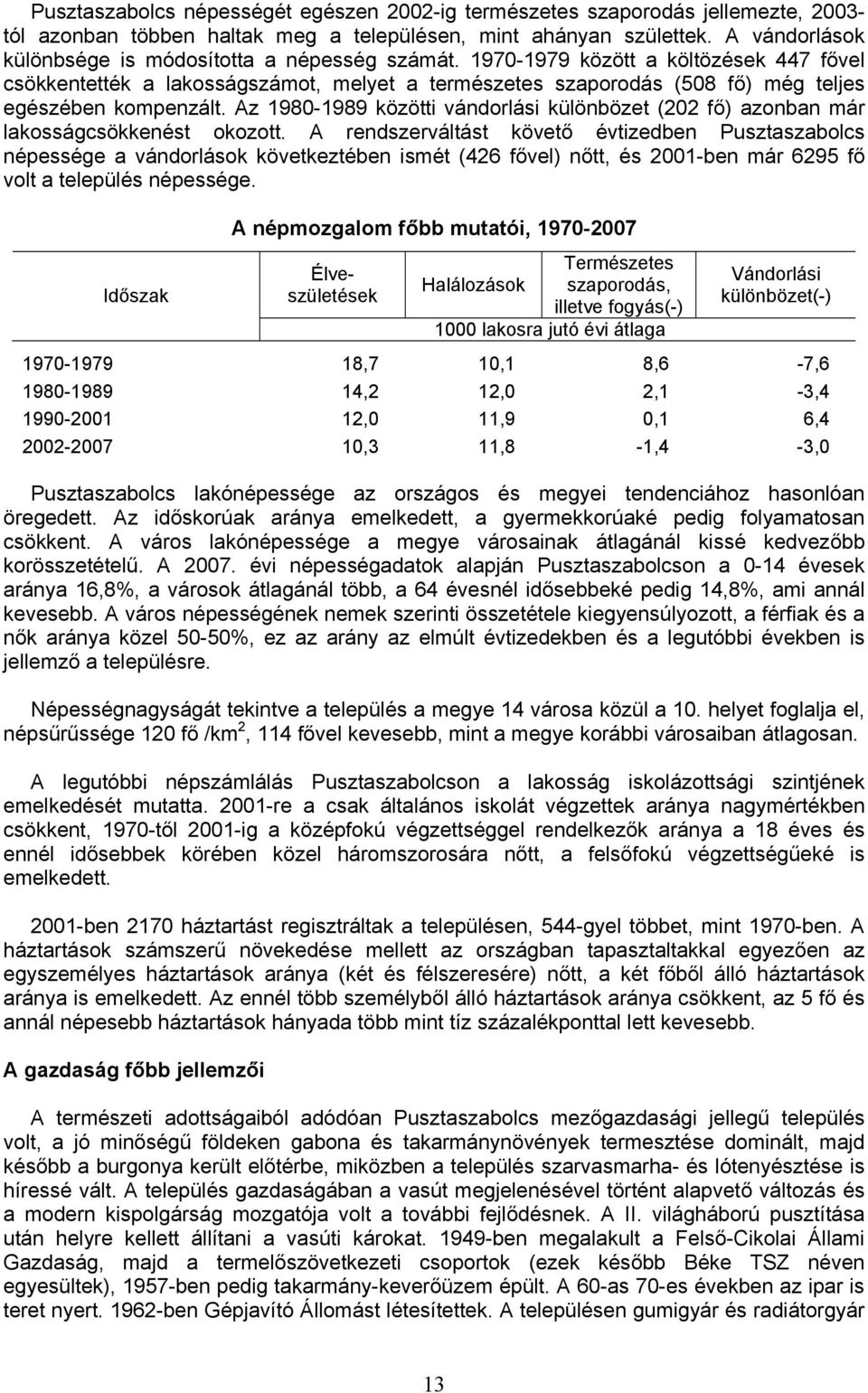 1970-1979 között a költözések 447 fővel csökkentették a lakosságszámot, melyet a természetes szaporodás (508 fő) még teljes egészében kompenzált.