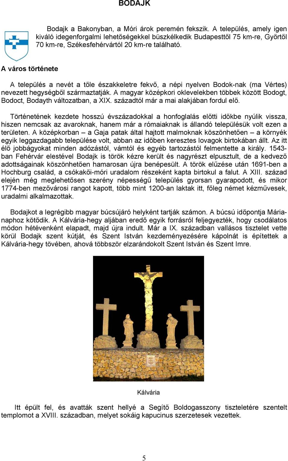 A város története A település a nevét a tőle északkeletre fekvő, a népi nyelven Bodok-nak (ma Vértes) nevezett hegységből származtatják.