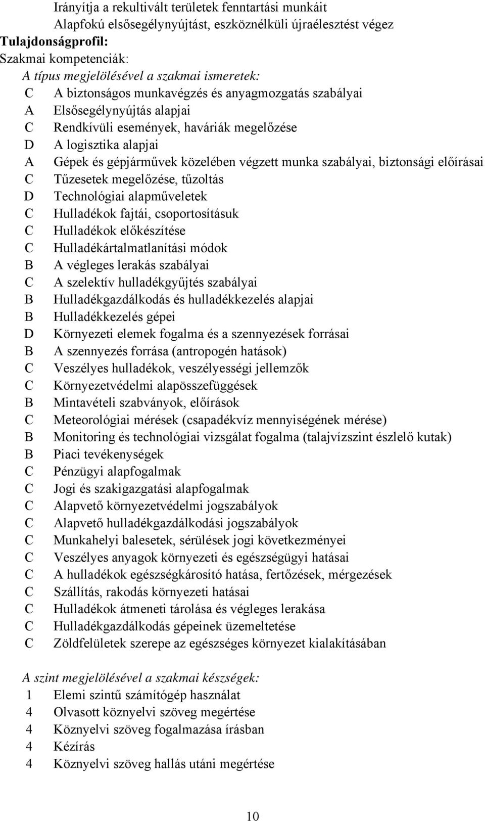 munka szabályai, biztonsági előírásai Tűzesetek megelőzése, tűzoltás D Technológiai alapműveletek Hulladékok fajtái, csoportosításuk Hulladékok előkészítése Hulladékártalmatlanítási módok B A