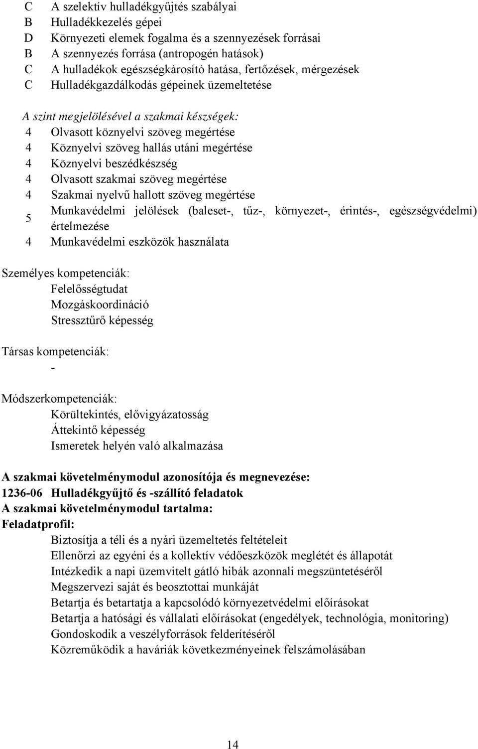 Köznyelvi beszédkészség 4 Olvasott szakmai szöveg megértése 4 Szakmai nyelvű hallott szöveg megértése Munkavédelmi jelölések (baleset, tűz, környezet, érintés, egészségvédelmi) 5 értelmezése 4