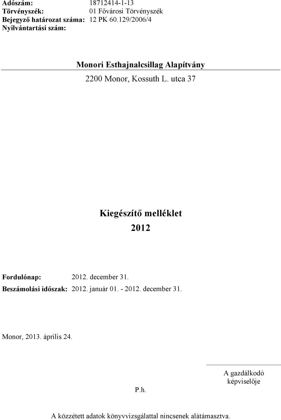 december 31. Beszámolási id szak: 2012. január 01. - 2012. december 31. Monor, 2013.