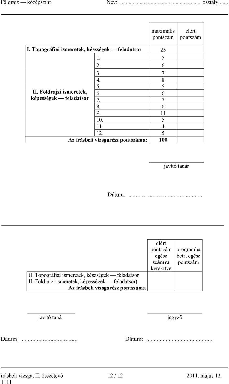 Topográfiai ismeretek, készségek feladatsor II.