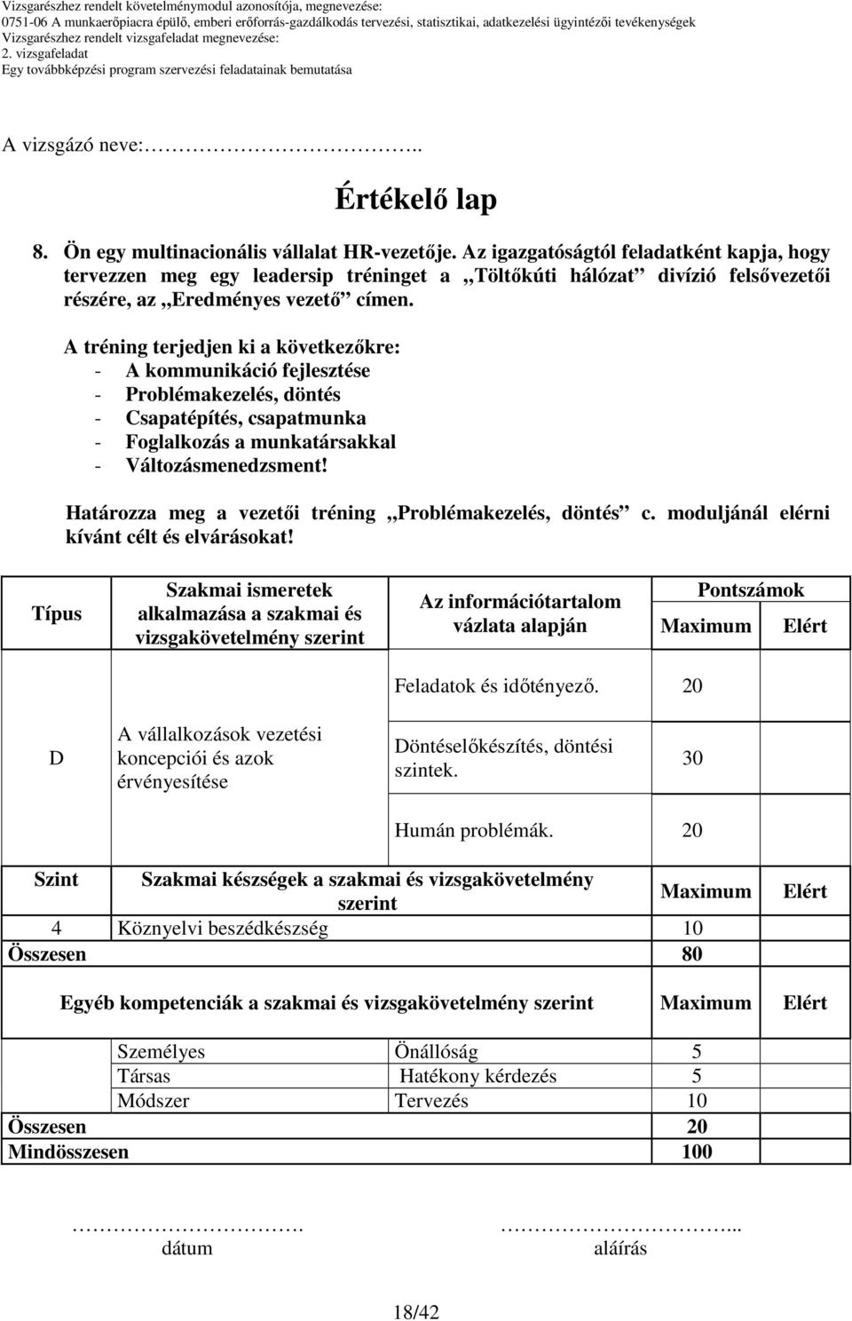 moduljánál elérni kívánt célt és elvárásokat! Típus Szakmai ismeretek alkalmazása a szakmai és vizsgakövetelmény szerint Az információtartalom vázlata alapján Pontszámok Feladatok és idıtényezı.