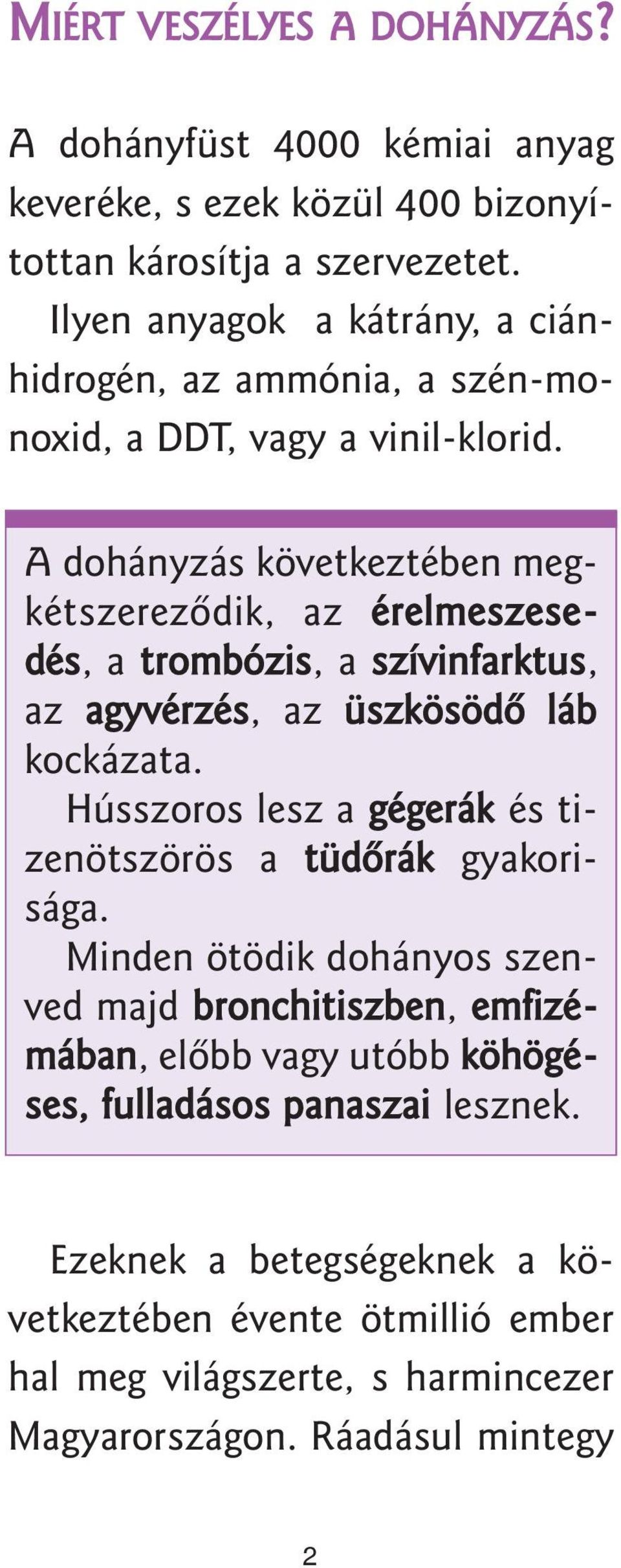 A dohányzás következtében megkétszerezôdik, az érelmeszesedés, a trombózis, a szívinfarktus, az agyvérzés, az üszkösödô láb kockázata.