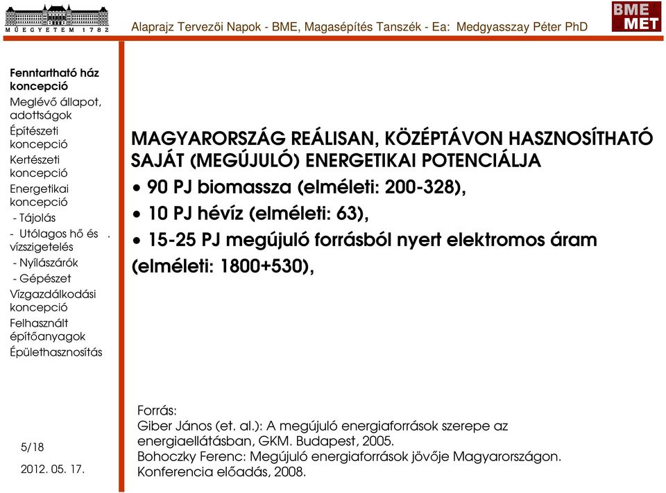 hévíz (elméleti: 63), 15-25 PJ megújuló forrásból nyert elektromos áram (elméleti: 1800+530), 5/18 Forrás: Giber János (et. al.