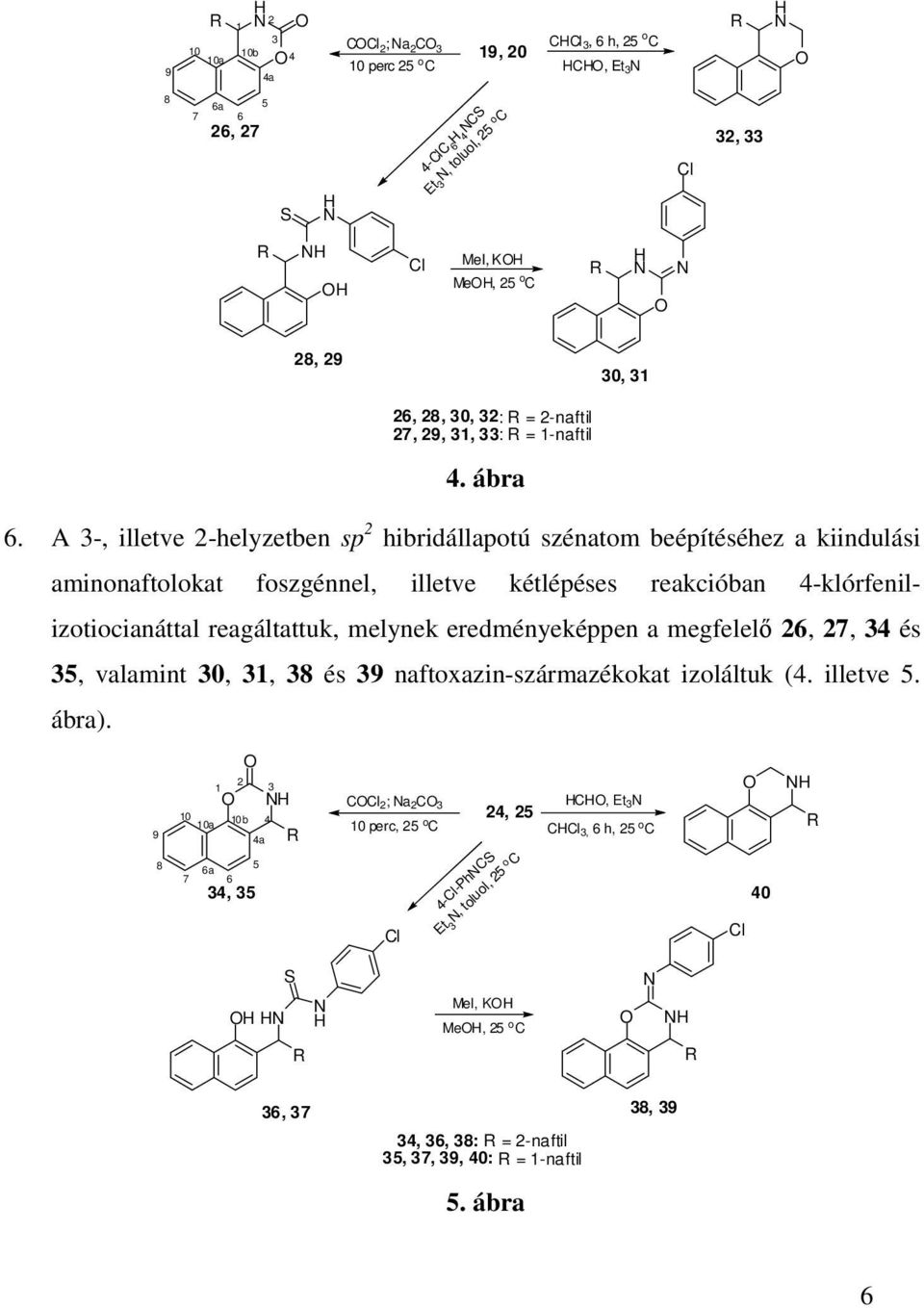 A 3-, illetve 2-helyzetben sp 2 hibridállapotú szénatom beépítéséhez a kiindulási aminonaftolokat foszgénnel, illetve kétlépéses reakcióban 4-klórfenilizotiocianáttal reagáltattuk, melynek