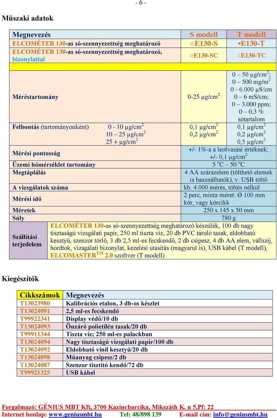 000 ppm; 0 0,3 % sótartalom Felbontás (tartományonként) 0-10 µg/cm 2 0,1 µg/cm 2 10 25 µg/cm 2 25 + µg/cm 2 0,2 µg/cm 2 0,2 µg/cm 2 0,5 µg/cm 2 Mérési pontosság +/- 1%-a a leolvasási értéknek; +/-