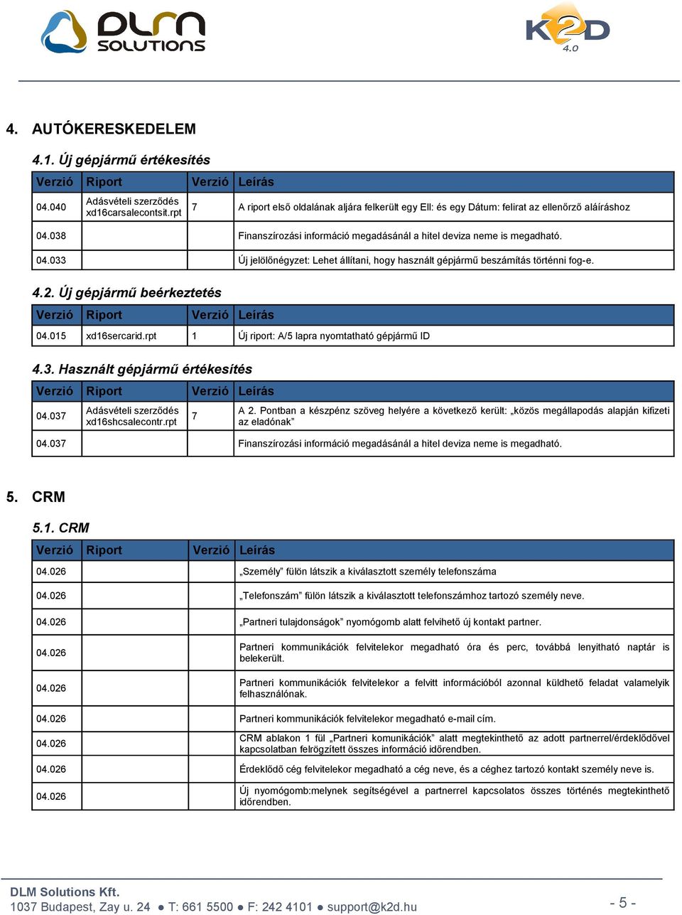 4.2. Új gépjármű beérkeztetés 04.015 xd16sercarid.rpt 1 Új riport: A/5 lapra nyomtatható gépjármű ID 4.3. Használt gépjármű értékesítés 04.037 Adásvételi szerződés xd16shcsalecontr.rpt 7 A 2.