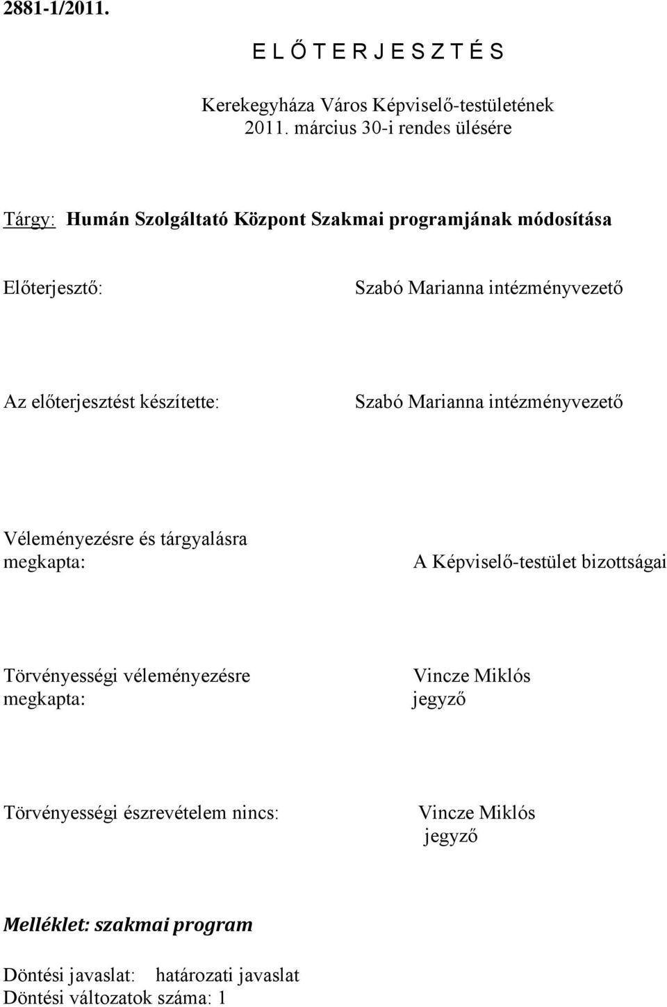 előterjesztést készítette: Szabó Marianna intézményvezető Véleményezésre és tárgyalásra megkapta: A Képviselő-testület bizottságai