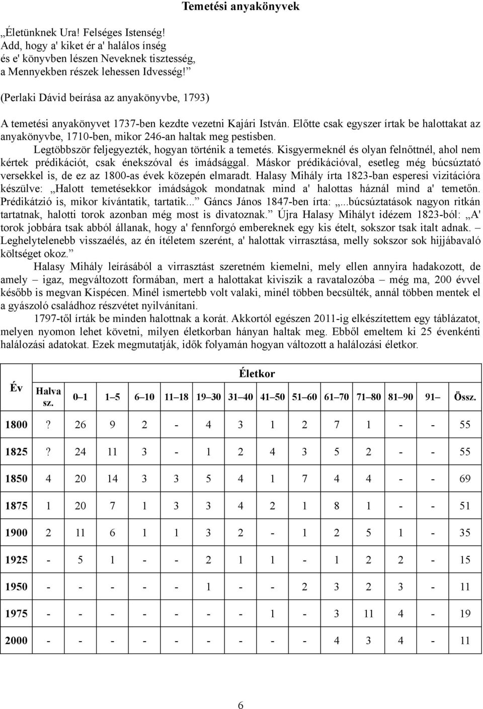Előtte csak egyszer írtak be halottakat az anyakönyvbe, 1710-ben, mikor 246-an haltak meg pestisben. Legtöbbször feljegyezték, hogyan történik a temetés.