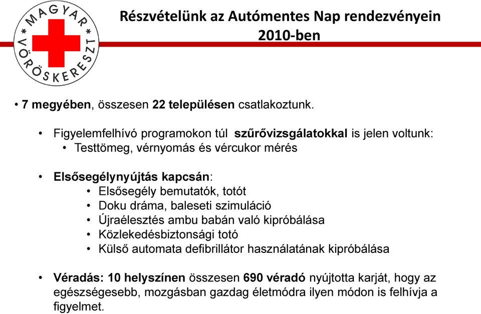 Elsősegély bemutatók, totót Doku dráma, baleseti szimuláció Újraélesztés ambu babán való kipróbálása Közlekedésbiztonsági totó Külső automata