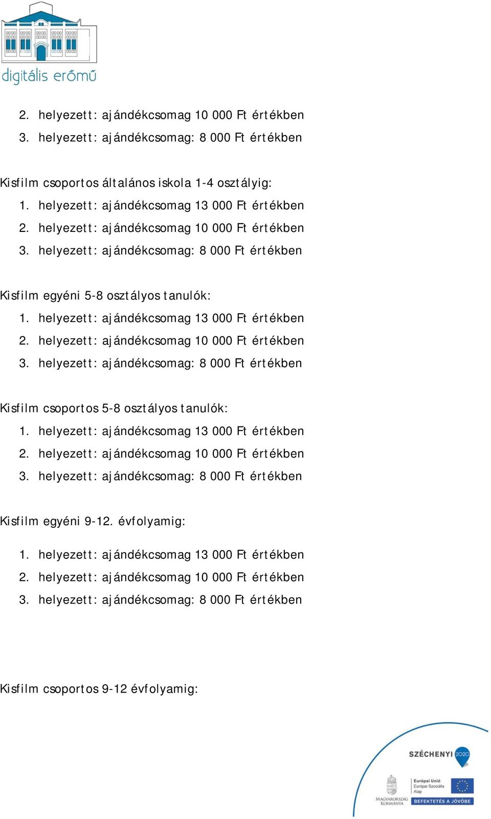 helyezett: ajándékcsomag 10 000 Ft értékben Kisfilm csoportos 5-8 osztályos tanulók: 1. helyezett: ajándékcsomag 13 000 Ft értékben 2.