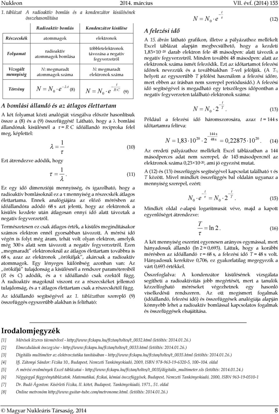 N: megmarad aommagok száma N N öbbleelekronok ávozása a negaív fegyverzeről N: megmarad elekronok száma e (8) RC N N e (9) A bomlási állandó és az álagos élearam A ké folyama közi analógiá vizsgálva