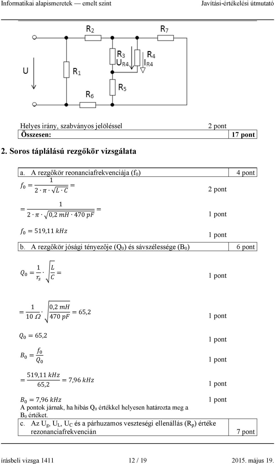 A rezgőkör jósági tényezője (Q 0 ) és sávszélessége (B 0 ) 6 pont = 1 = = 1 0,2 10 470 =65,2 =65,2 = = 519,11 65,2 =7,96 =7,96 A