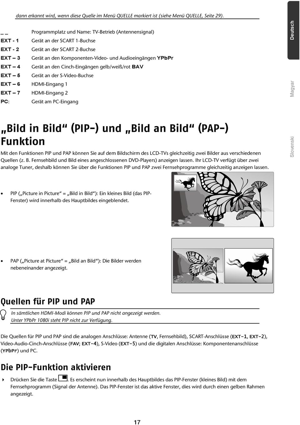 an den Cinch-Eingängen gelb/weiß/rot BAV EXT 5 Gerät an der S-Video-Buchse EXT 6 HDMI-Eingang 1 EXT 7 HDMI-Eingang 2 PC: Gerät am PC-Eingang Bild in Bild (PIP-) und Bild an Bild (PAP-) Funktion Mit