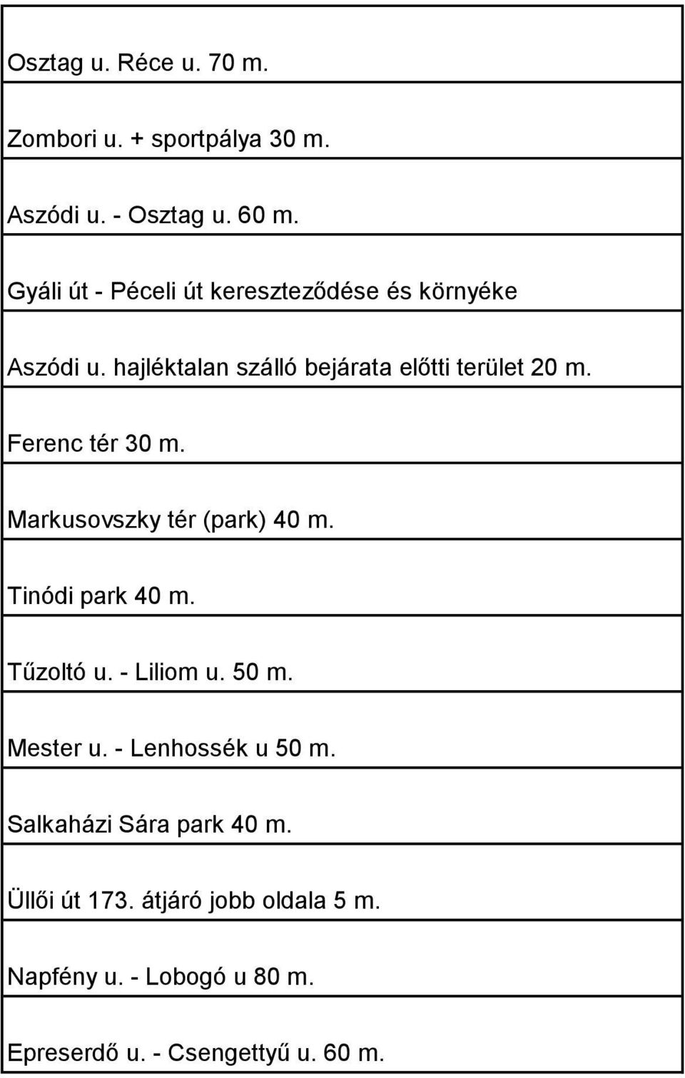 Ferenc tér 30 m. Markusovszky tér (park) 40 m. Tinódi park 40 m. Tűzoltó u. - Liliom u. 50 m. Mester u.