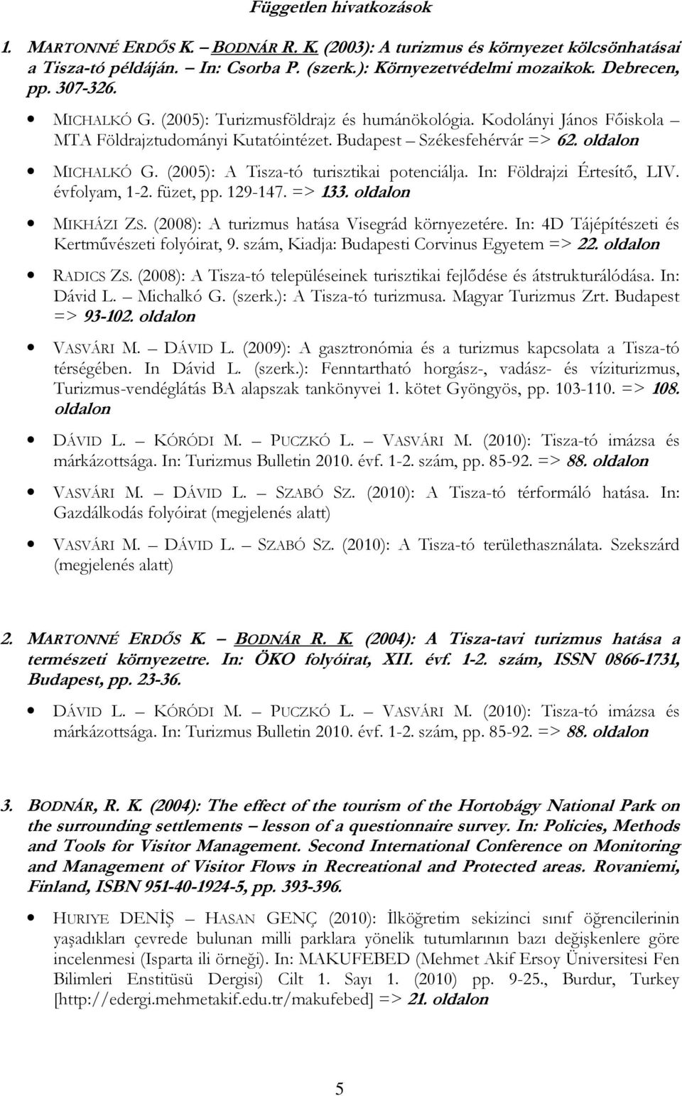 (2005): A Tisza-tó turisztikai potenciálja. In: Földrajzi Értesítő, LIV. évfolyam, 1-2. füzet, pp. 129-147. => 133. oldalon MIKHÁZI ZS. (2008): A turizmus hatása Visegrád környezetére.