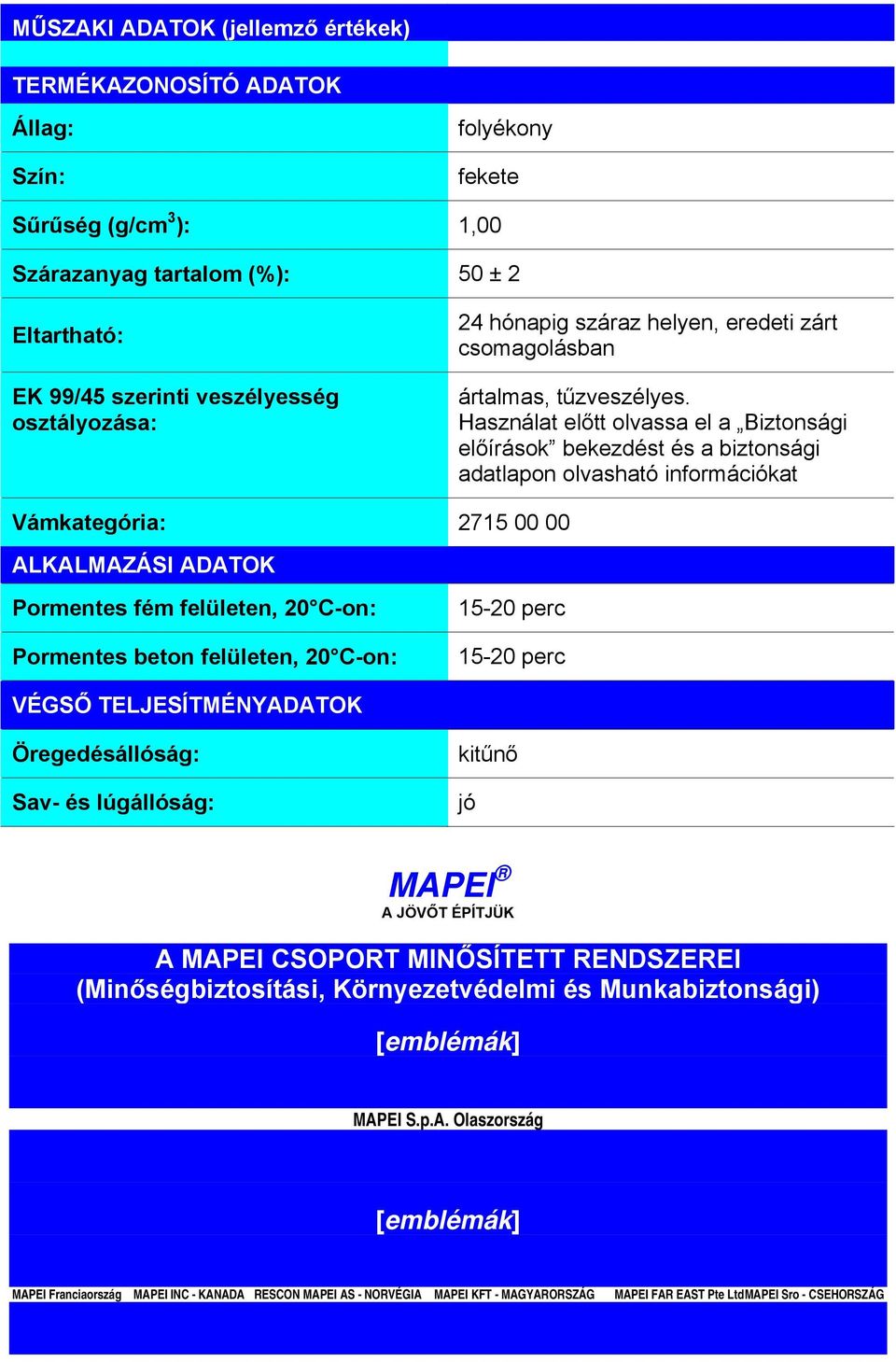 Használat előtt olvassa el a Biztonsági előírások bekezdést és a biztonsági adatlapon olvasható információkat Vámkategória: 2715 00 00 ALKALMAZÁSI ADATOK Pormentes fém felületen, 20 C-on: Pormentes