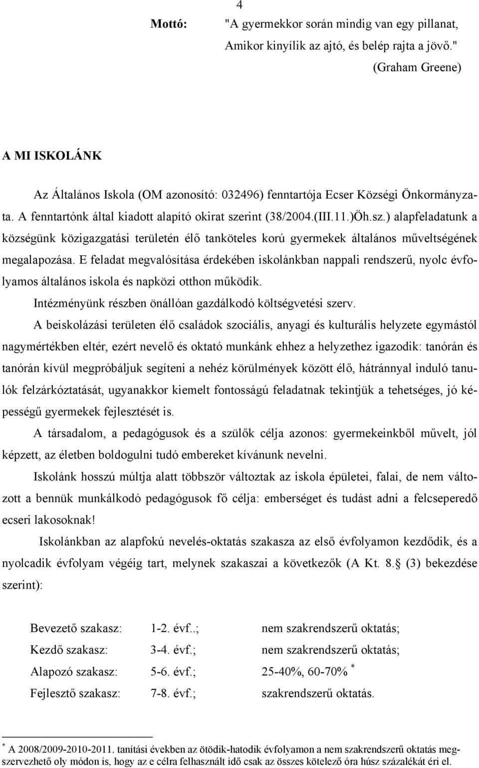 rint (38/2004.(III.11.)Öh.sz.) alapfeladatunk a községünk közigazgatási területén élő tanköteles krú gyermekek általáns műveltségének megalapzása.