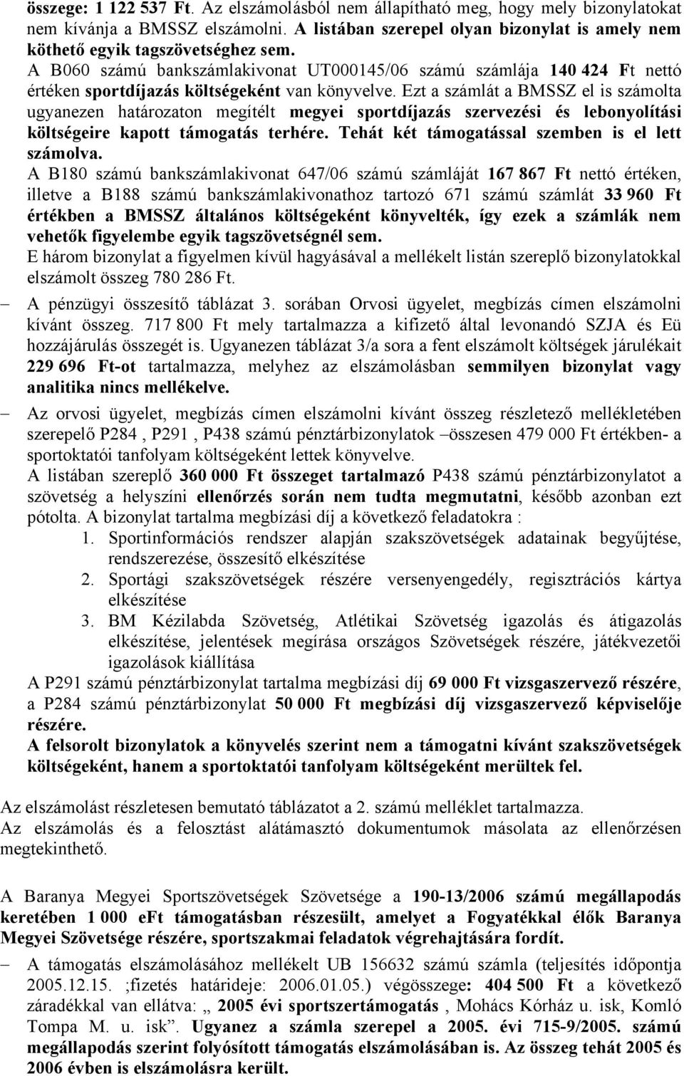 Ezt a számlát a BMSSZ el is számolta ugyanezen határozaton megítélt megyei sportdíjazás szervezési és lebonyolítási költségeire kapott támogatás terhére.