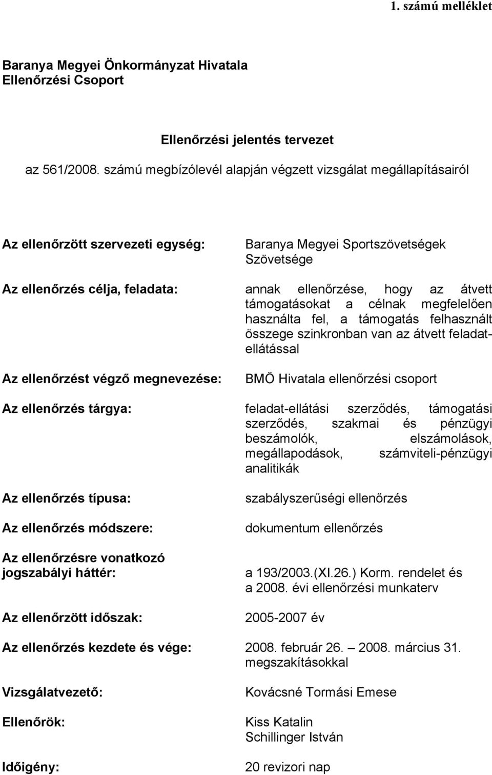 átvett támogatásokat a célnak megfelelően használta fel, a támogatás felhasznált összege szinkronban van az átvett feladatellátással Az ellenőrzést végző megnevezése: BMÖ Hivatala ellenőrzési csoport