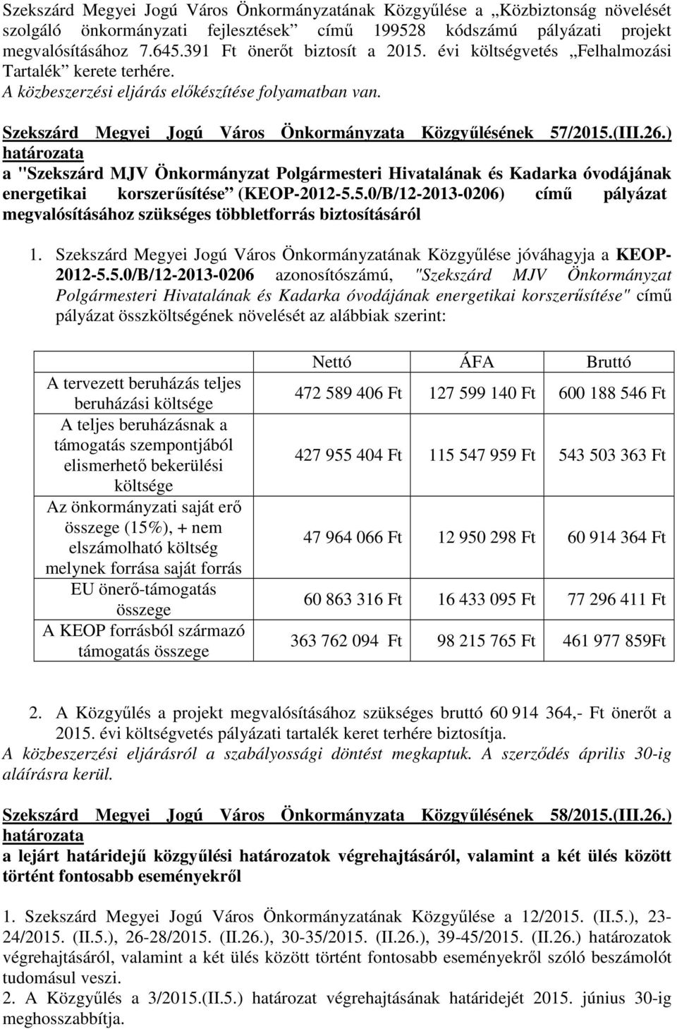 Szekszárd Megyei Jogú Város Önkormányzata Közgyőlésének 57/2015.(III.26.) a "Szekszárd MJV Önkormányzat Polgármesteri Hivatalának és Kadarka óvodájának energetikai korszerősítése (KEOP-2012-5.5.0/B/12-2013-0206) címő pályázat megvalósításához szükséges többletforrás biztosításáról 1.