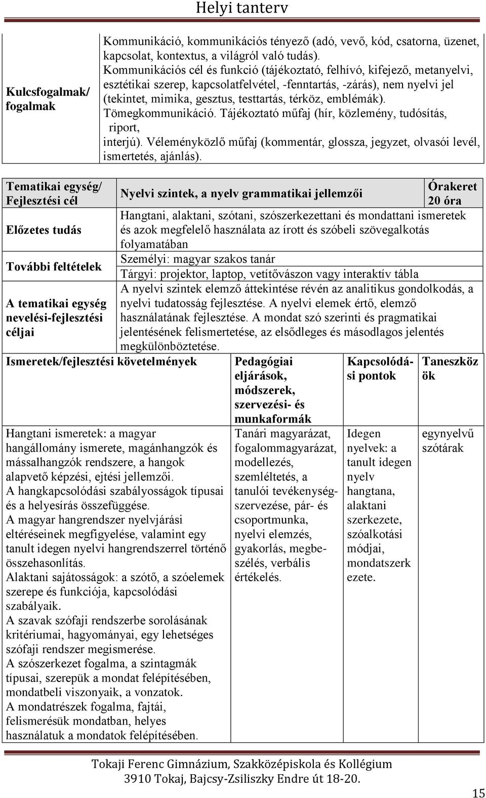 emblémák). Tömegkommunikáció. Tájékoztató műfaj (hír, közlemény, tudósítás, riport, interjú). Véleményközlő műfaj (kommentár, glossza, jegyzet, olvasói levél, ismertetés, ajánlás).