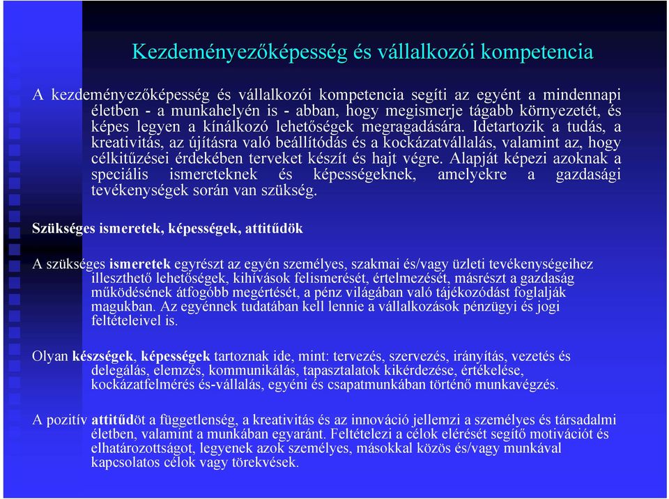 Idetartozik a tudás, a kreativitás, az újításra való beállítódás és a kockázatvállalás, valamint az, hogy célkitűzései érdekében terveket készít és hajt végre.