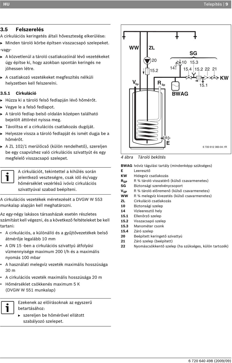 2 22 21 B A csatlakozó vezetékeket megfeszítés nélküli helyzetben kell felszerelni. V Sp R Sp 15.1 KW 3.5.1 Cirkuláció BWAG B Húzza ki a tároló felső fedlapján lévő hőmérőt.