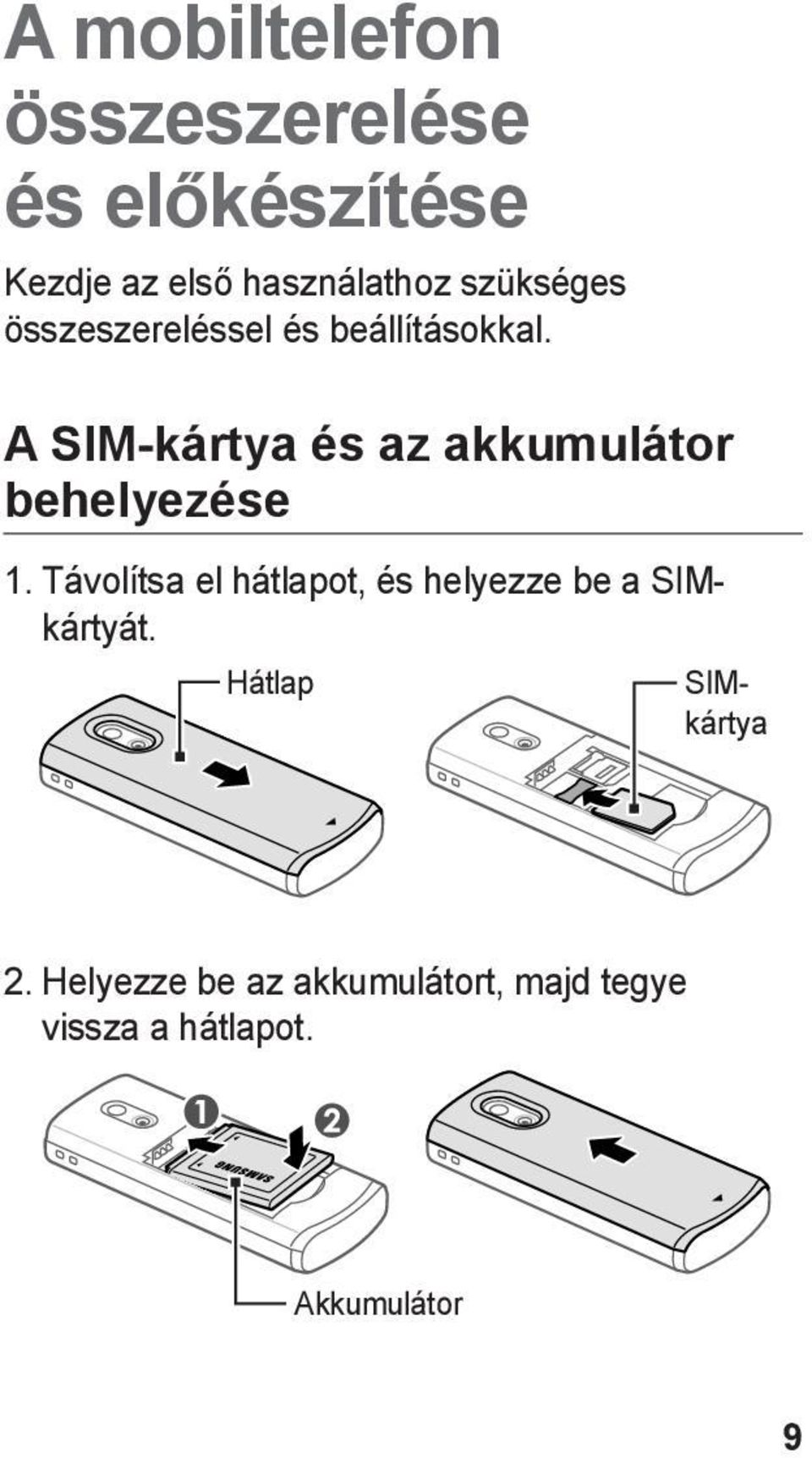 A SIM-kártya és az akkumulátor behelyezése Hátlap 1.