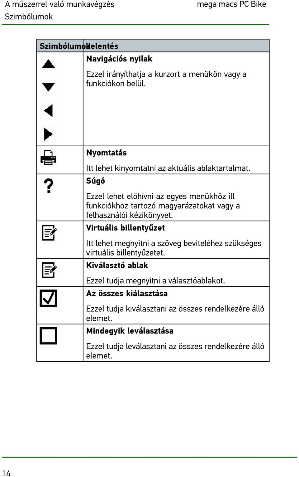 Súgó Ezzel lehet előhívni az egyes menükhöz ill funkciókhoz tartozó magyarázatokat vagy a felhasználói kézikönyvet.