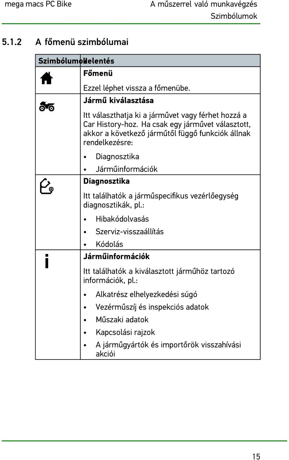 Ha csak egy járművet választott, akkor a következő járműtől függő funkciók állnak rendelkezésre: Diagnosztika Járműinformációk Diagnosztika Itt találhatók a járműspecifikus