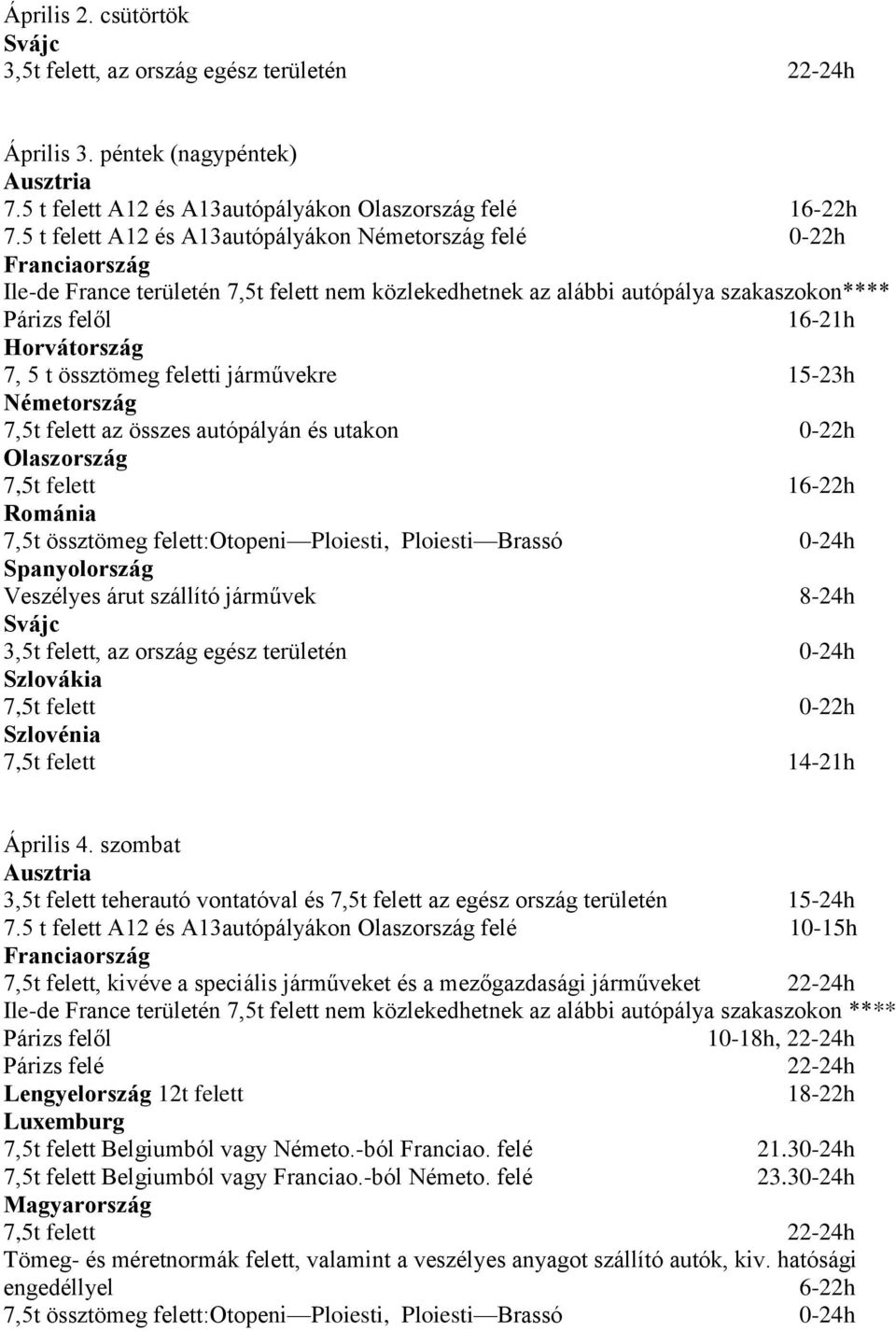 7,5t felett 16-22h 7,5t felett 14-21h Április 4. szombat 3,5t felett teherautó vontatóval és 7,5t felett az egész ország területén 15-24h 7.