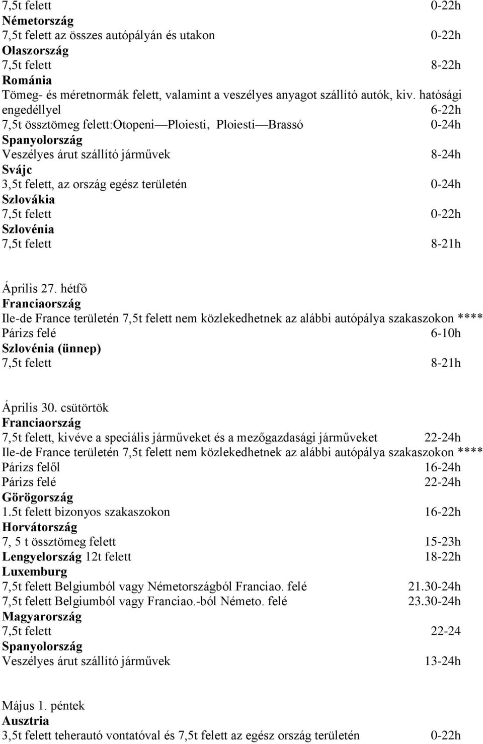 5t felett bizonyos szakaszokon 16-22h 7, 5 t össztömeg felett 15-23h Lengyelország 12t felett 18-22h 7,5t felett Belgiumból vagy ból