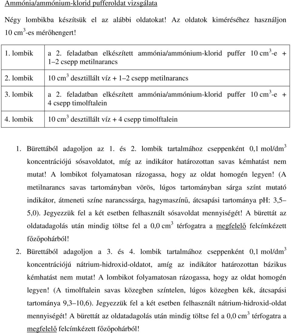 feladatban elkészített ammónia/ammónium-klorid puffer 10 cm -e + 4 csepp timolftalein 4. lombik 10 cm desztillált víz + 4 csepp timolftalein 1. Bürettából adagoljon az 1. és 2.