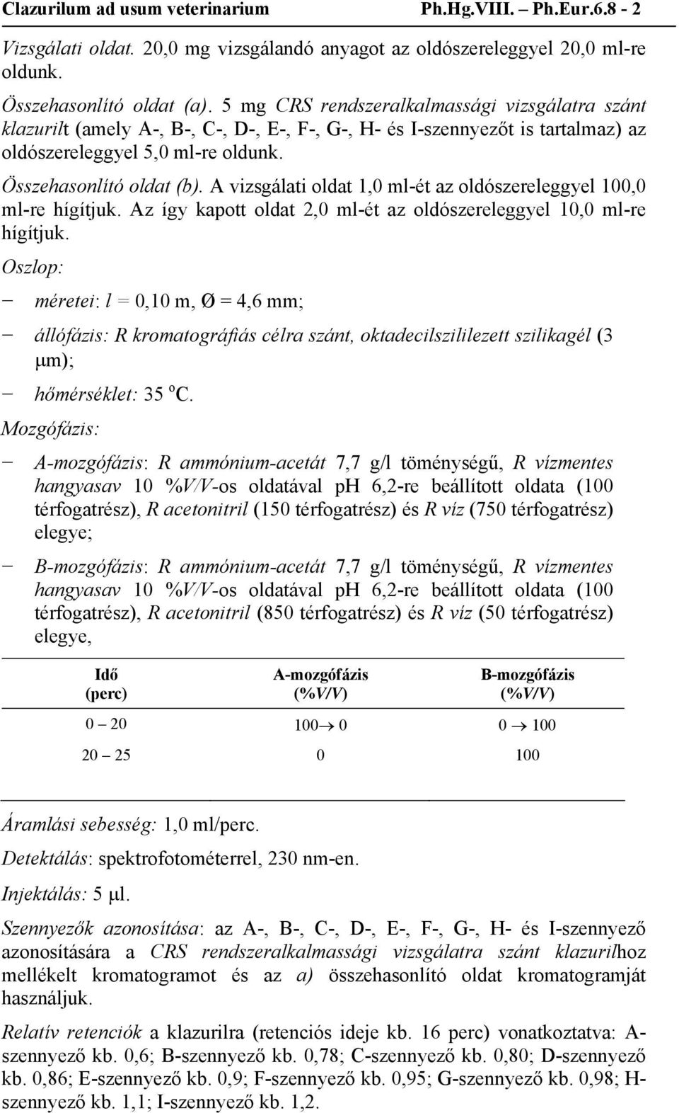 A vizsgálati oldat 1,0 ml-ét az oldószereleggyel 100,0 ml-re hígítjuk. Az így kapott oldat 2,0 ml-ét az oldószereleggyel 10,0 ml-re hígítjuk.