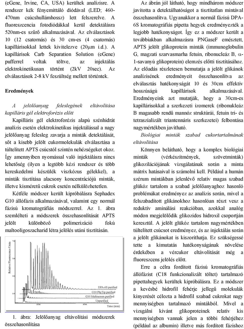 és 30 cm-es (4 csatornás) kapillárisokkal lettek kivitelezve (20μm i.d.). A kapillárisok Carb Separation Solution (egene) pufferrel voltak töltve, az injektálás elektrokinetikusan történt (2kV 20sec).