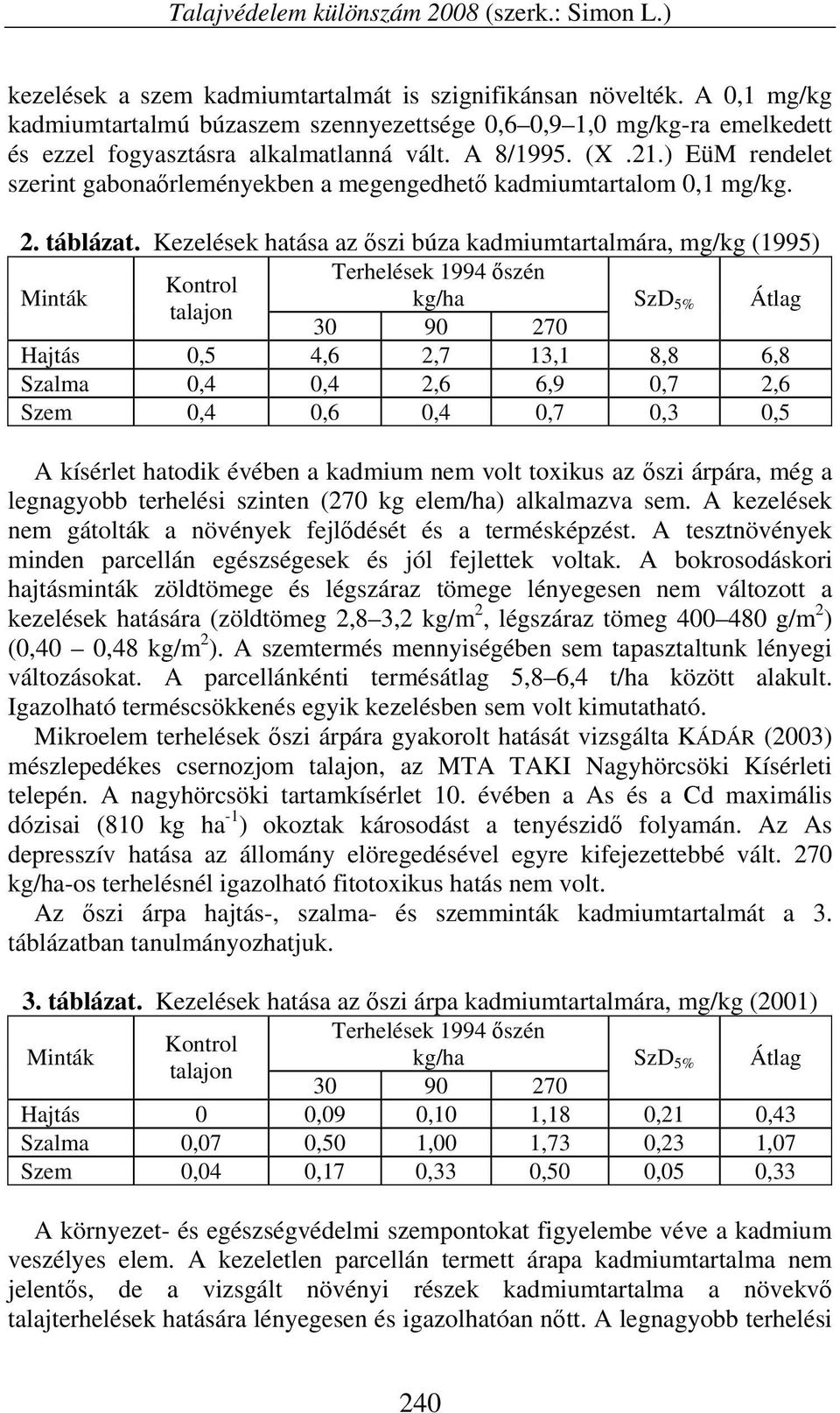 ) EüM rendelet szerint gabonaőrleményekben a megengedhető kadmiumtartalom 0,1 mg/kg. 2. táblázat.