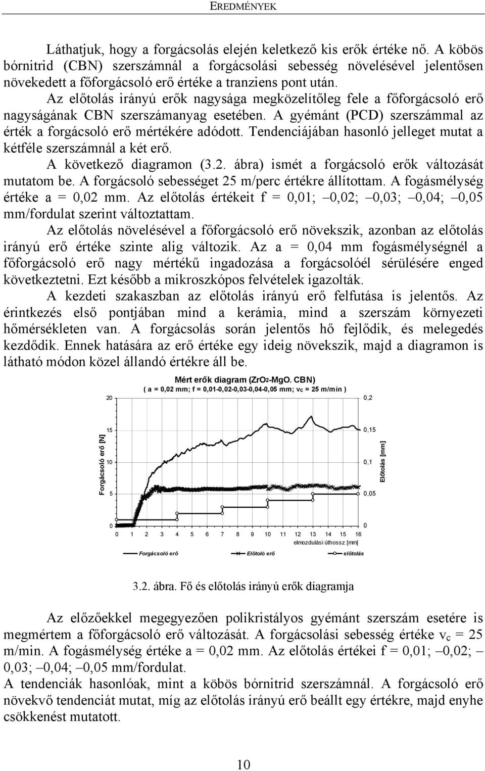 Az előtolás irányú erők nagysága megközelítőleg fele a főforgácsoló erő nagyságának CBN szerszámanyag esetében. A gyémánt (PCD) szerszámmal az érték a forgácsoló erő mértékére adódott.
